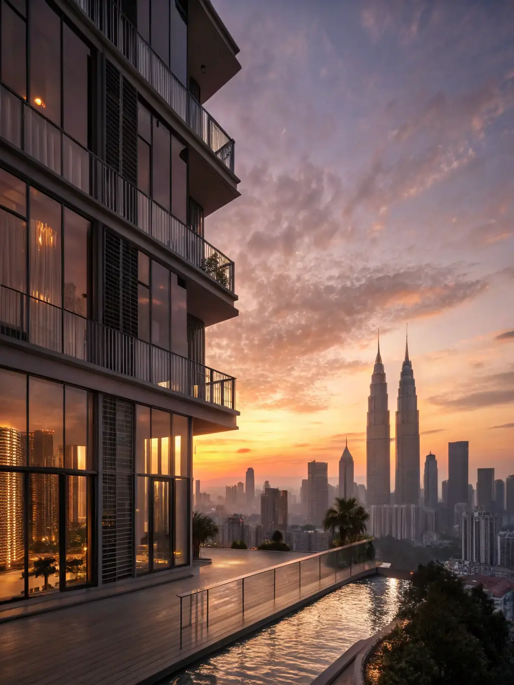 A modern condominium with a view of the Kuala Lumpur skyline at sunset, emphasizing luxury and high returns.