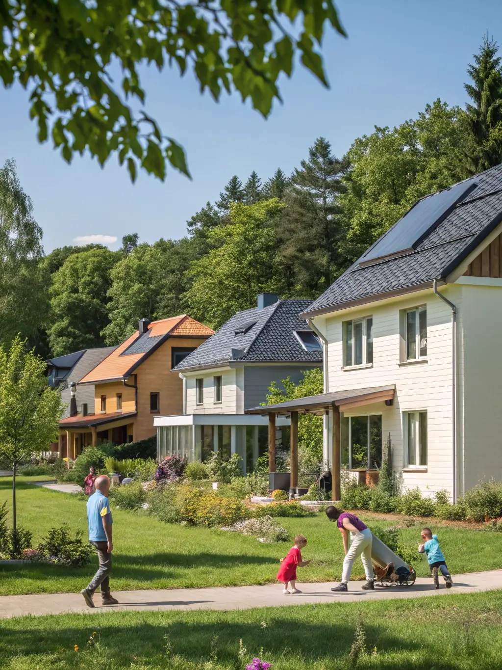A row of eco-friendly terrace houses with solar panels and lush greenery, highlighting sustainable living and long-term value.
